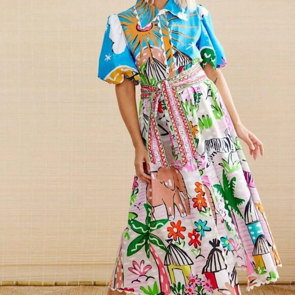 Boho Women's vacay Tropical Plant Print V-Neck Short Puff Sleeve maxi dress - Picture 1 of 8